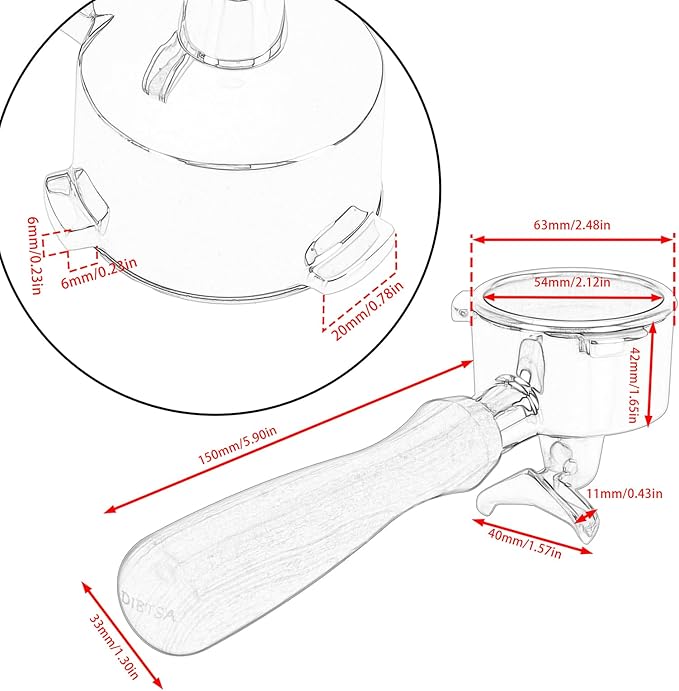 DIBTSA 54mm Portafilter Compatible with Breville RM-BES870XL, BES878BSS, BES840XL, BES840CBXL, BES840BSXL, BES810BSS, Double Spouts 3 Ears, Stainless Steel Head and Filter Basket and Wood Handle