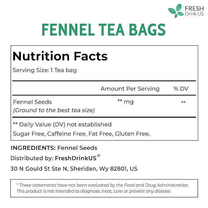 FreshDrinkUS, Premium 135 Fennel Tea Bags, 100% Natural & Pure from Fennel Seeds. Made with Natural Material Tea Bags. No Sugar, No Caffeine, No Gluten, Vegan.