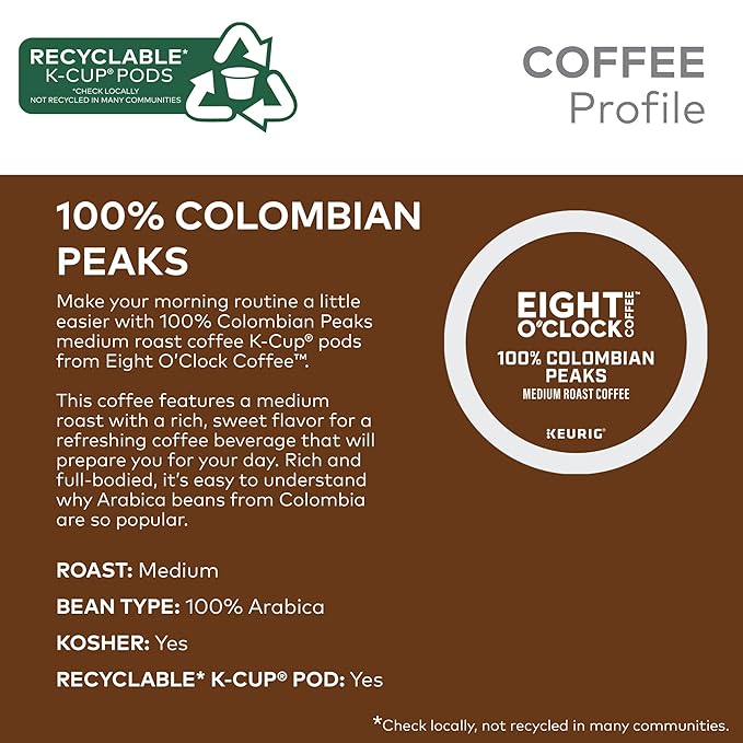 Eight O'Clock Coffee Colombian Peaks Keurig Single-Serve K-Cup Pods, Medium Roast Coffee, 72 Count
