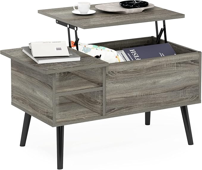 Furinno Jensen Living Room Wooden Leg Lift Top Coffee Table With Hidden Compartment and Side Open Storage Shelf, French Oak Grey