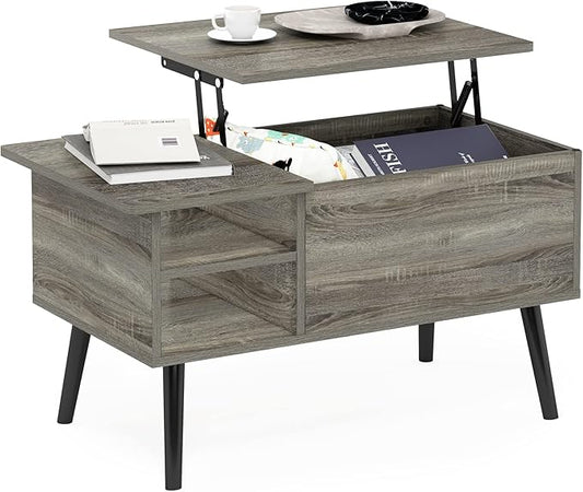 Furinno Jensen Living Room Wooden Leg Lift Top Coffee Table With Hidden Compartment and Side Open Storage Shelf, French Oak Grey