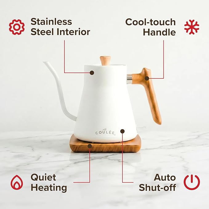 Coffee Gooseneck Kettle, Stainless Steel Interior, Electric Kettle for Boiling Water, Pour Hot Water Over Coffee, Tea, or Matcha, Electric Boiler, Heat Resistant Ergonomic Handle, White