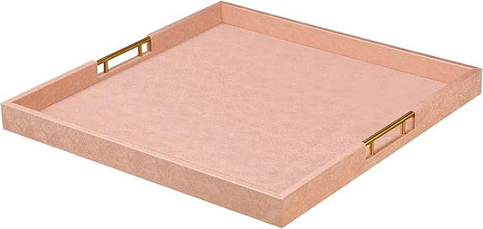 20x20 Inches Large Champagne Faux Leather Wrapped Wood Ottoman Tray with Handles for All Occasions, Serving Breakfast On Bed, Home Decor Decorative, Living Room,Square Coffee Table Organizer