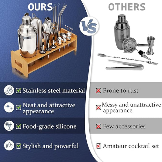 JUSTDOMI 26-Piece Cocktail Shaker Set with Stand Stainless Steel Bartender Kit, Bar Tool Set Bartender Accessories, Cocktails Kit with Muddler for Bar Accessories, Home, Party Cafe Drinks-Style2