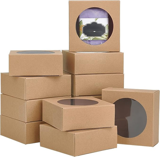 BENECREAT 24 Packs 3.7x3.7x1.5inch Round Clear PVC Window Gift Boxes, Square Brown Kraft Present Packaging Boxes for Party Favor Treats, Bakery, and Jewelry Packaging