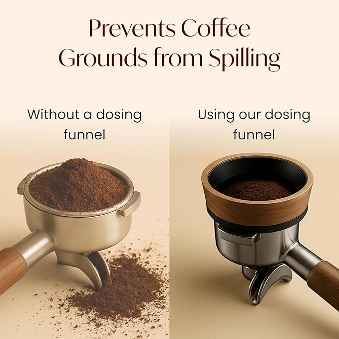 54mm Espresso Dosing Funnel – Magnetic Coffee Dosing Ring Compatible with 54mm Portafilter – Compatible with Breville and DeLonghi Portafilters – Aluminum Alloy & Real Walnut Design – Black & Walnut