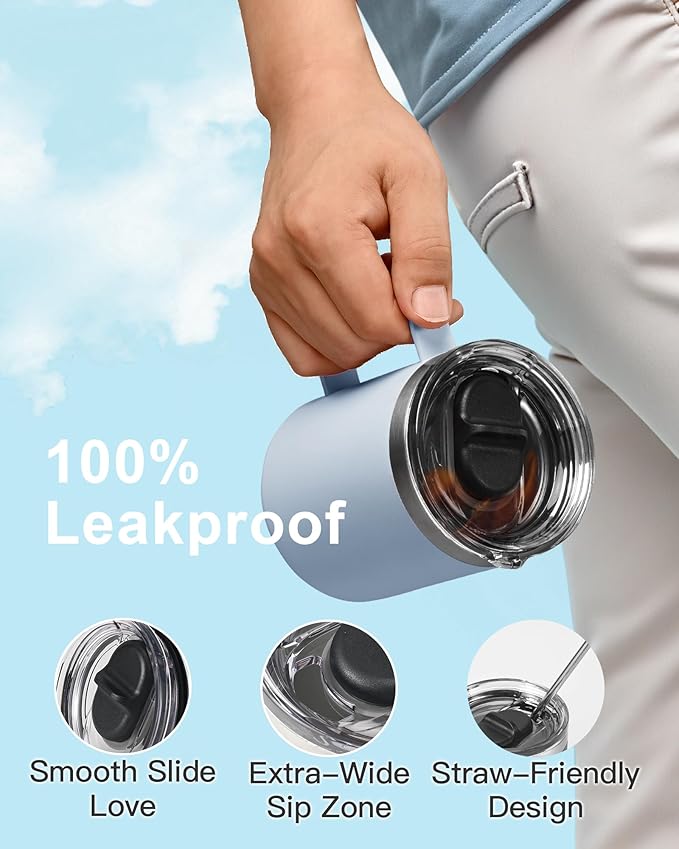 Insulated Coffee Mug 12 oz, Double Wall Stainless Steel Coffee Mug with Lids, Leak-Proof & Detachable Slider Lid for Thorough Clean, Keeps Coffee Cold for 9 Hrs, Suitable for Camp Home Office