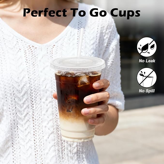 Lamosi 50 Pack 20 oz Clear Plastic Cups with Lids and Straws, Disposable Plastic Coffee Cups with Lids for Iced Coffee, Cold Beverages, Smoothies and To-Go Drinks