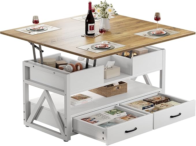 40" Lift Top Coffee Table,4 in 1 Multi-Function Lift Coffee Tables with Storage Drawers and Hidden Compartmen,Farmhouse Coffee Table with Lifting top for Living Room, White+Brown