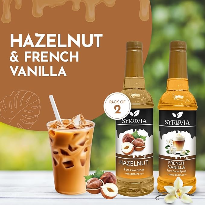 Syruvia Coffee Syrup Variety Pack - Hazelnut & French Vanilla- Gluten-Free, Kosher, 25.4 fl oz Bottles - Enhance Your Coffee Experience with Premium Flavoring Syrups