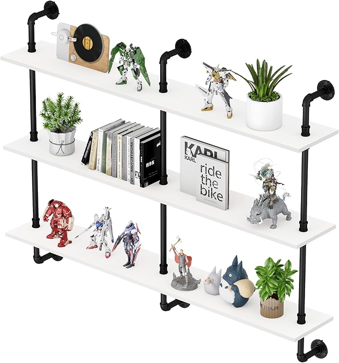 3-Tier Industrial Pipe Floating Shelf – Rustic 60 inch Wood Wall-Mounted Storage Shelf for Kitchen Office,Bathroom & Home Decor -White