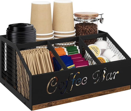 BCOZLUX Coffee Station Organizer, Rustic Brown Wooden Countertop Coffee Bar Accessories Organizer with Metal Mesh Compartments for Pods, Syrup, Cups, Stirrer, Tea