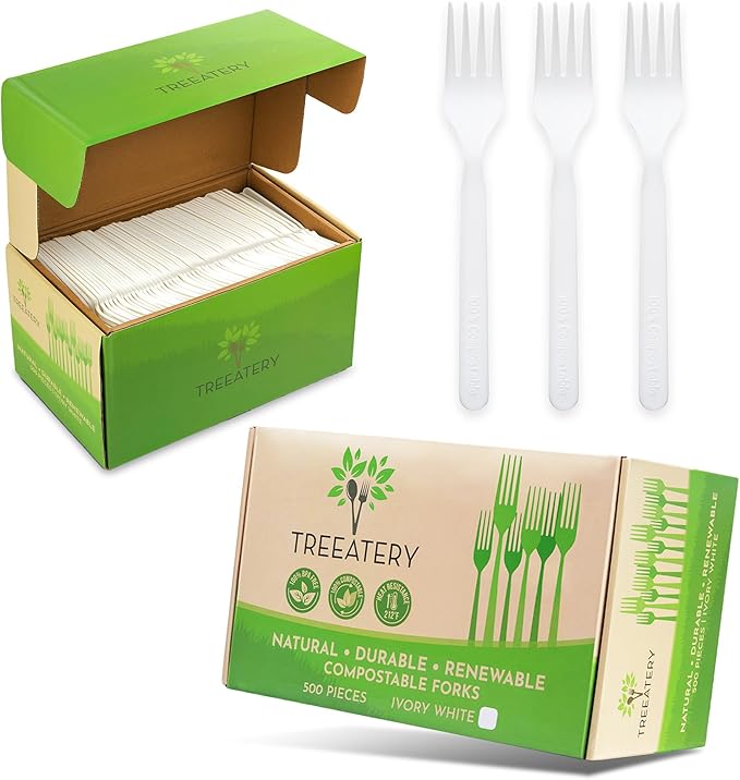 Compostable Forks, Plant Based Compostable Utensils, BPI-Certified Disposable Cutlery, Compostable Forks Bulk Value Pack, 500 Pieces, Ivory White