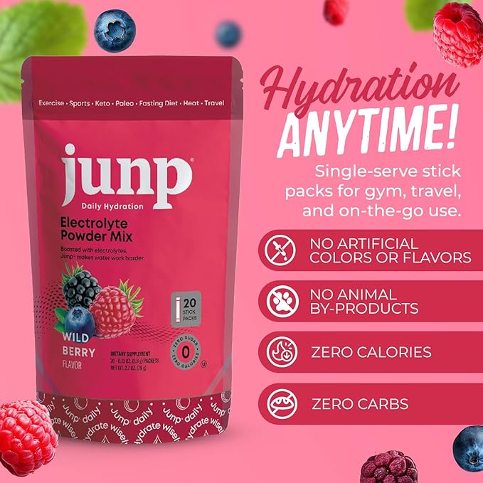 JUNP Sugar Free Electrolytes Powder Packets for Water Instant Hydration Packets with Salt & Potassium, Zero Calorie, No Carbs No Sugar Electrolyte Drink Mix Sticks, Keto Friendly, Wild Berry 20 Pack