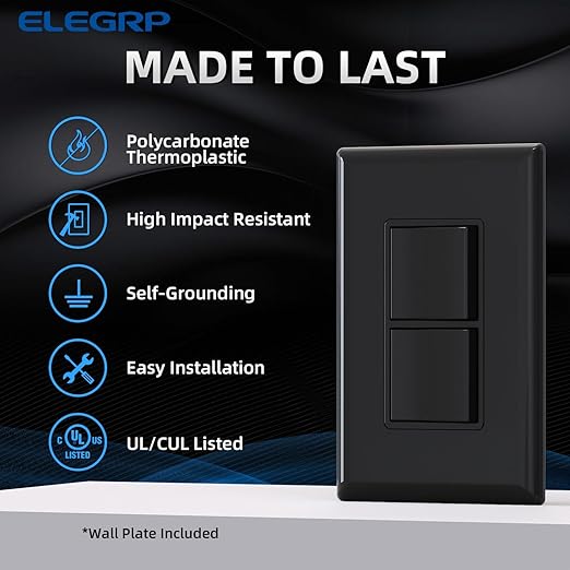 ELEGRP Decorator Double Rocker Light Switch, Two Single Pole Electrical Paddle, 15A 120V, In-Wall On/Off, Self-grounding, With Screwless Wall Plate, UL Listed (1 Pack, Glossy Black)