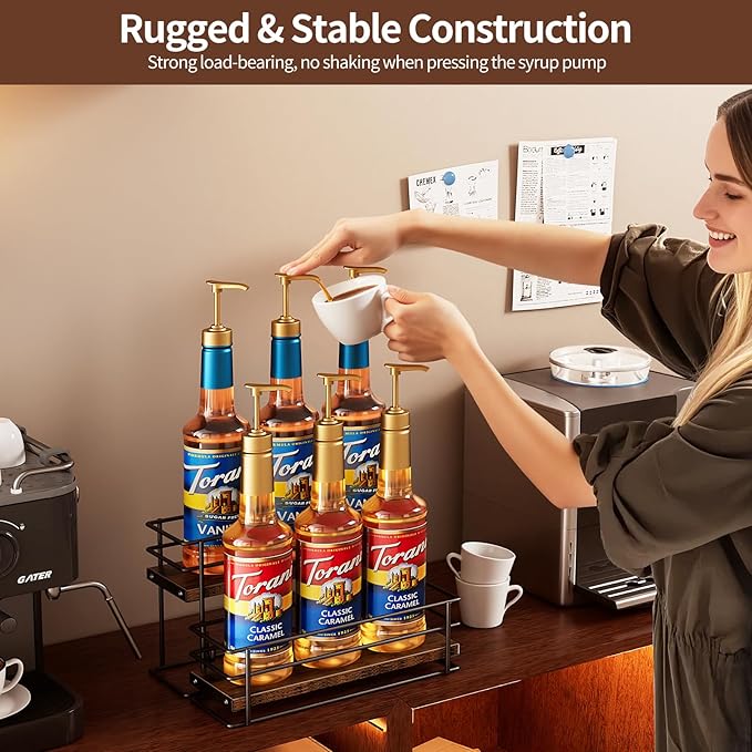 Nuovoware Coffee Syrup Organizer, 2-Tier 6 Bottles Bar Organizer, Separable Metal Rack with Wooden Base Whiskey Wine Dressing for Countertop Kitchen Coffee Bar, Black