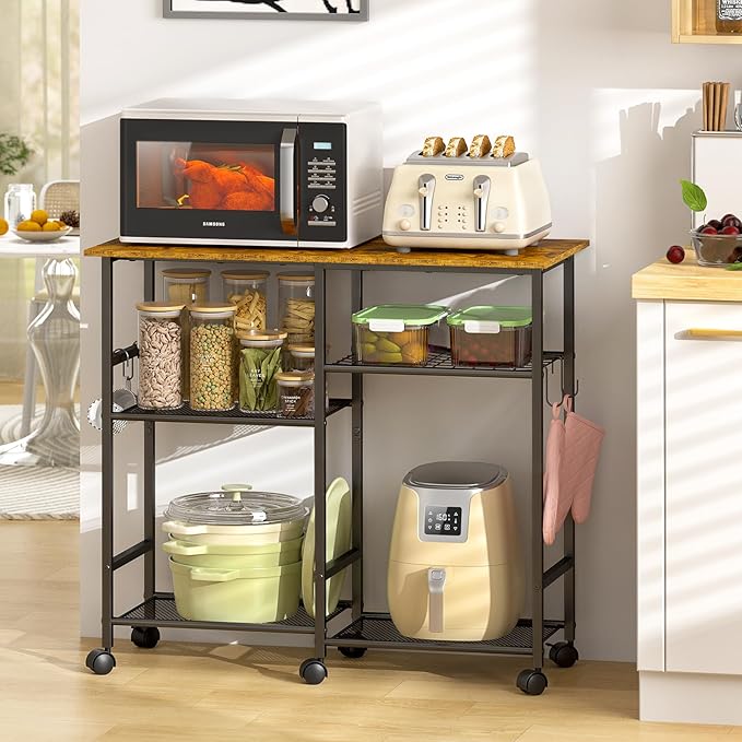 Kitchen Microwave Cart, Microwave Stand with Adjustable Shelf, Coffee Bar Stand Kitchen Baker's Rack with Wheels Rolling Storage Cart Organizer Shelf for Living Room, Office, Balcony