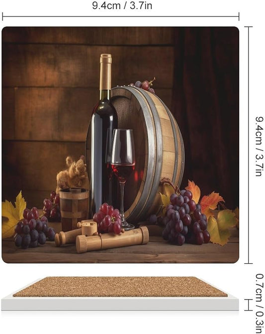 Square-6PCS Red Wine Ceramic Coasters, Square Absorbent Drink Coasters, Vintage Wood Grain Style Red Wine Grapes Maple Leaf Ceramic Table Coasters for Coffee, Beverage, Wine, Beer Coasters