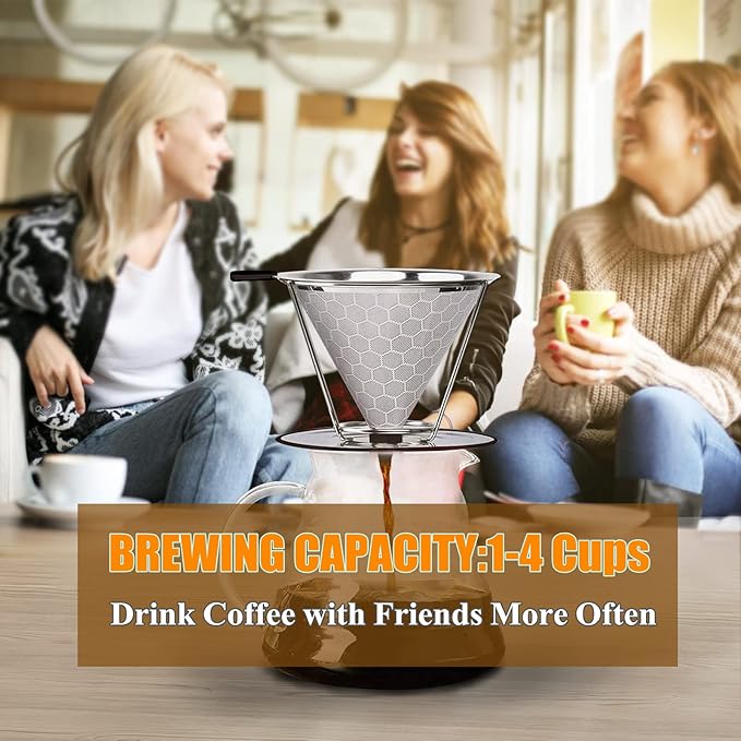 Gocoffun Pour Over Coffee Dripper, Reusable Cone Coffee Filter 1-4 cup, Stainless Steel Portable Coffee Filters Coffee Maker with Cleaning Brush for Home Office Travel Camping