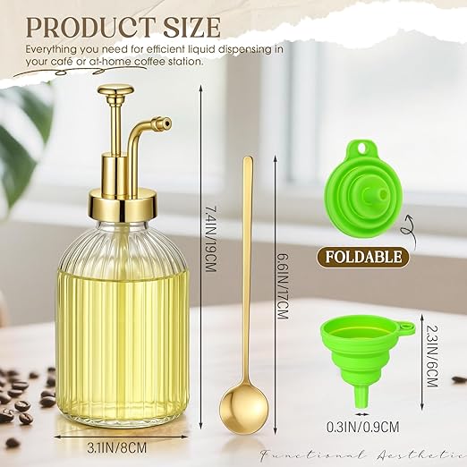 LemonRoad 4 Pcs Coffee Syrup Dispenser for Coffee Bar 10oz Glass Syrup Pump Dispenser with Gold Pump, Gold Scoop and Funnel for Bar Accessories