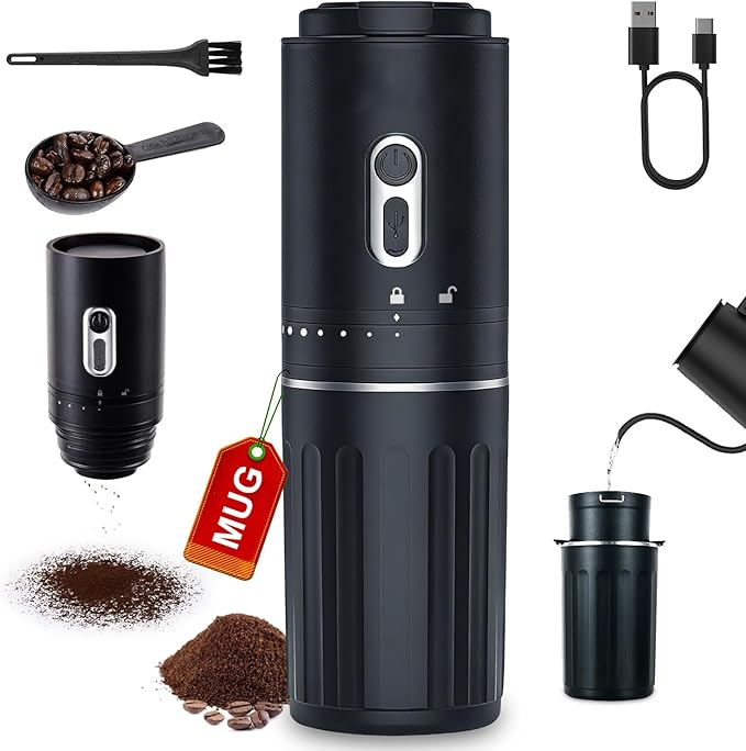 All-in-One Pour Over Coffee Maker Portable Electric Burr Coffee Grinder, Rechargeable Coffee Bean Grinder Conical Burr, Battery Powered Cordless Portable Coffee Maker for Travel, Camping, Car