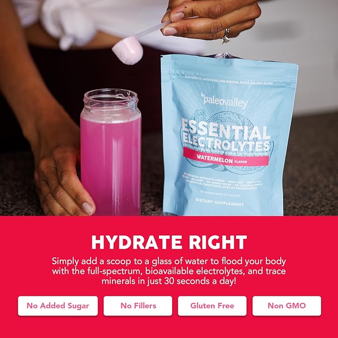 Paleovalley Essential Electrolytes Powder - Full Spectrum Watermelon Electrolyte Powder for Hydration, Energy and Muscle Recovery - No Sugar Added - 30 Servings