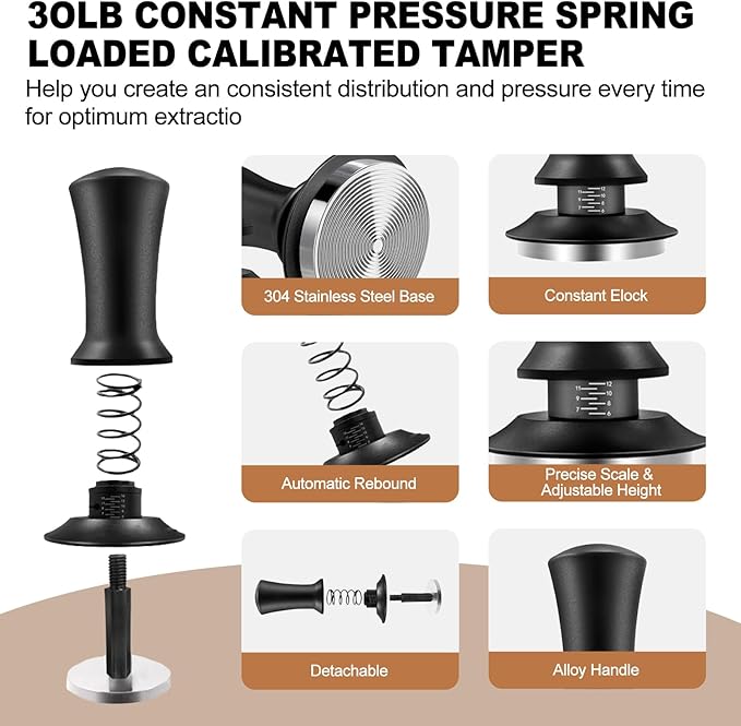 Espresso Tamper Set with Milk Pitcher, Coffee Art Pen, Stirring Spoon, Tamper Mat & 16 Stencils - Barista Tools Kit for Latte Art & Espresso Making (6 SET)