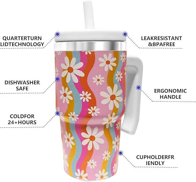 20-OZ Insulated Water Bottle,Insulated Stainless Steel Tumbler,Reusable Cold Drink Thermos,BPA-Free, Double-Wall Stainless Steel Water Bottle (Pink-Rainbow Flower, 20, Fluid Ounces)
