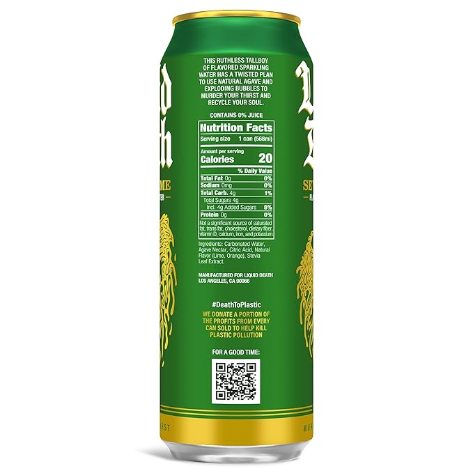 Liquid Death Soda-Flavored Sparkling Water - Severed Lime (Classic Lime Soda), Less Sugar*, Huge Flavor, No Artificial Sweeteners, King Size 19.2 Fl Oz (Pack of 12)