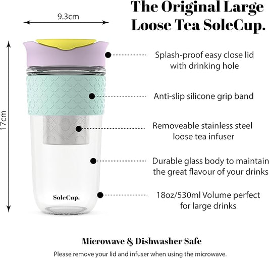 Large Travel Mug Loose Tea Infuser - Detachable Tea Strainer with Spill Proof Lid - 18oz/530ml BPA-Free Reusable Glass Travel Coffee Cup with Silicone Band (Ice Cream, 18oz)