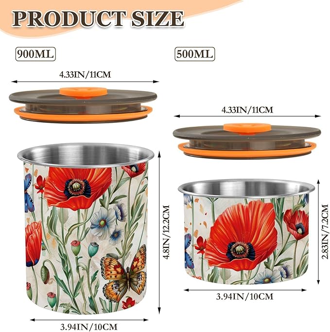 ALAZA Red Poppy Flowers Butterfly Airtight Coffee Bean Canister Customed 500ml Food Storage Containers with Lids For Gournd, Tea, Sugar, Flour, Rice, Cereal, Candy Cookie Jar