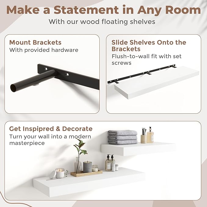 Marsmiles 12" Deep Floating Shelves for Wall with Invisible Brackets, Wall Mounted Engineered Wood Shelves with Wood Grain for Living Room, Bedroom, Kitchen Decor and Storage, 55" L Set of 1, White