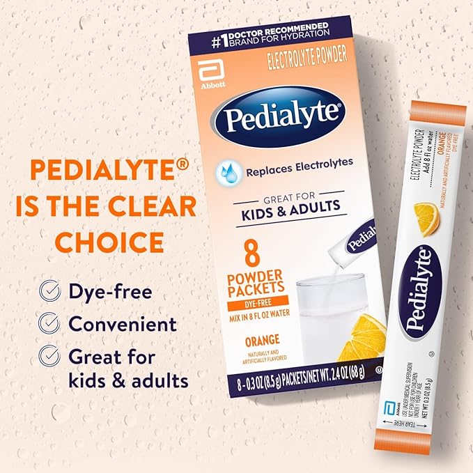 Pedialyte Electrolyte Powder, Hydration Drink for Kids & Adults, Orange, 100 Powder Packets