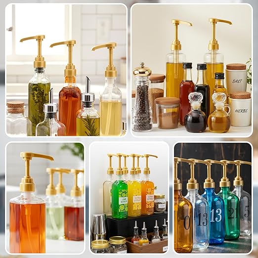 Ferrochef 10 Pcs Coffee Syrup Pumps with Tip Covers, Compatible with Monin 750ml Glass Bottles, 1/4 oz Dispensing Pump for Coffee Bar, Latte, Cocktail, Drink Flavoring(Gold)