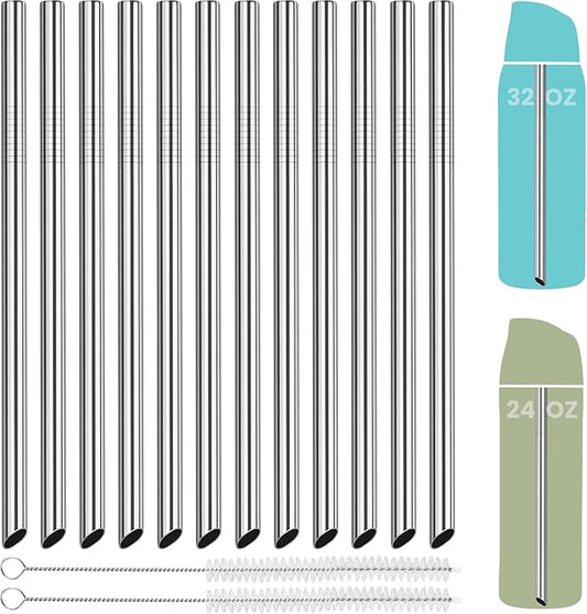 NiHome 12-Pack Stainless Steel Straws for Owala 24oz & 32oz Flip and FreeSip Bottles, Smooth Sipping Angled Tip, Reusable Metal Straws for Smoothies and Iced Drinks, BPA-Free with 2 Cleaning Brushes