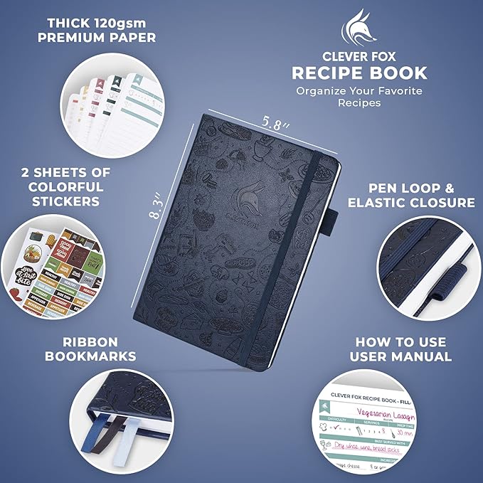 Clever Fox Recipe Book – Blank Family Cookbook – Empty Cooking Journal – Notebook Organizer to Write In Recipes – Medium, A5 (Dark Blue)