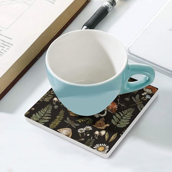 Square-6PCS Botanical Ceramic Coasters, Square Absorbent Drink Coasters, Vintage Plant Botanical Cartoon Mushroom Flower Ceramic Table Coasters for Coffee, Beverage, Wine, Beer Coasters