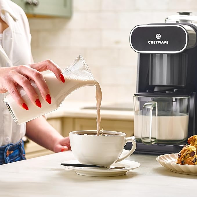 ChefWave Milkmade Soy Milk Maker (Silver/Black) 6-in-1 Vegan Plant-Based Milk Machine with Auto Clean, and Delay Start, Almond, Oat, Soy, Cashew, Coconut, Macadamia Milk Maker with Nut Platter