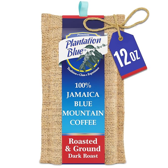 Plantation Blue 100% Blue Mountain Coffee, Dark Roast, Ground, Premium Jamaican Coffee, 12oz