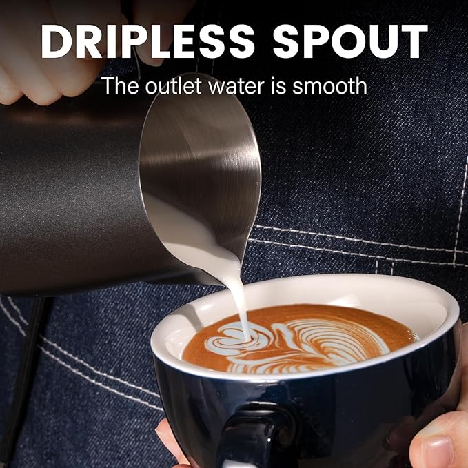 HOMEE Milk Frothing Pitcher,Espresso Steaming Pitcher Stainless Steel 12oz,Milk Frothing Jug With V-shaped Spout and Teflon Coating,Barista Tool Milk Steam Pitcher for Kitchen Bar, Latte Art