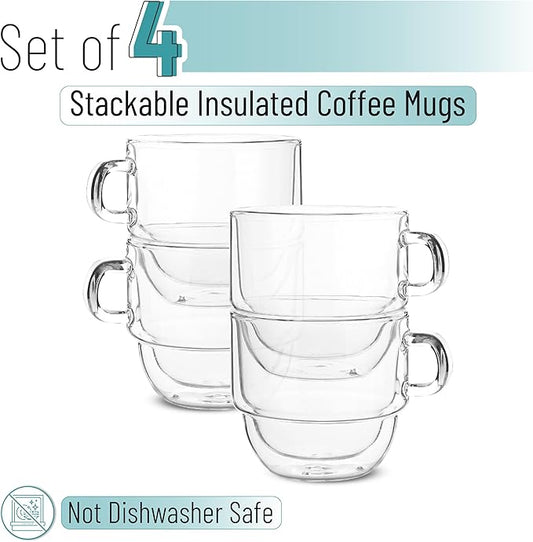 BTaT- Double Walled Stackable Glass Coffee Mugs, 8 oz, Set of 4, Glass Coffee Cups with Handle, Insulated Clear Coffee Mug for Hot and Cold Beverages, Cappuccino, Latte, Tea, Americano