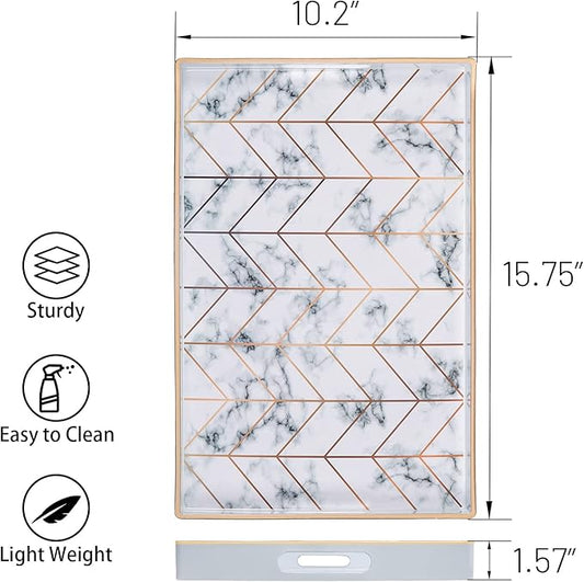 MAONAME Rectangular Decorative Tray, Modern White Serving Tray with Handles, Marbling Plastic Trays for Ottoman, Coffee Table Trays for Living Room, Home Decor, 15.8" x 10.2" x 1.4"
