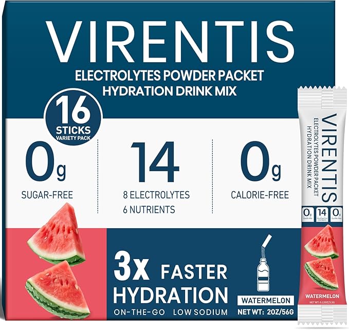 16 Sticks Electrolytes Powder Packets Sugar Free Hydration Packets Liquid Daily IV Electrolyte Drink Mix for Rehydration with 8 Electrolytes & 6 Vitamins, Low Sodium, Watermelon