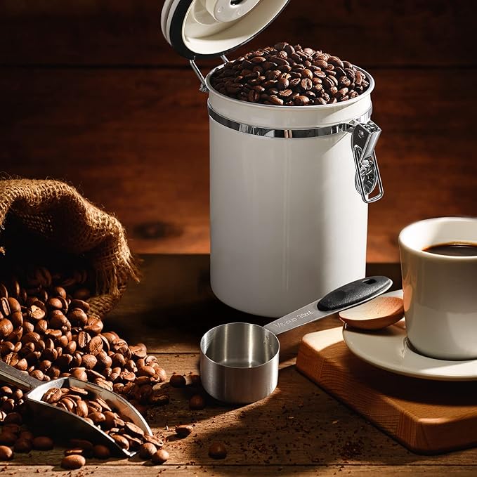 ShanSon Coffee Canister Airtight Coffee Container Stainless Steel Coffee Bean Storage Container with Scoop Coffee Canister for Beans Grounds Sugar Flour Tea Cereal,22OZ,Off-White