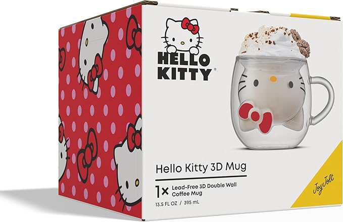 JoyJolt Hello Kitty 3D Coffee Mug, 13.5 oz Double Wall Glass Cup with 3D Design, Insulated Cute Mug for Tea, Latte, or Iced Coffee, Kawaii Sanrio Cup, Hello Kitty Kitchen Stuff