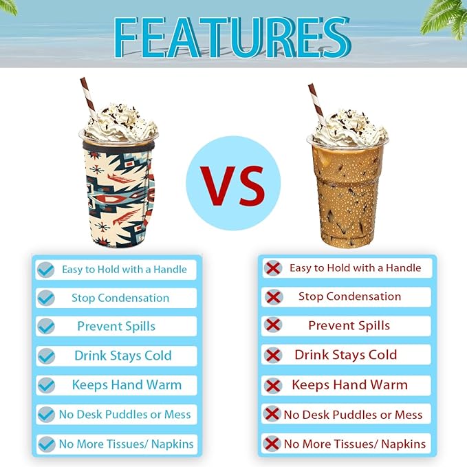 Reusable Iced Coffee Cup Sleeve Aztec Western Neoprene Insulated Sleeves Cup Holder with handle Idea for 24oz - 28oz