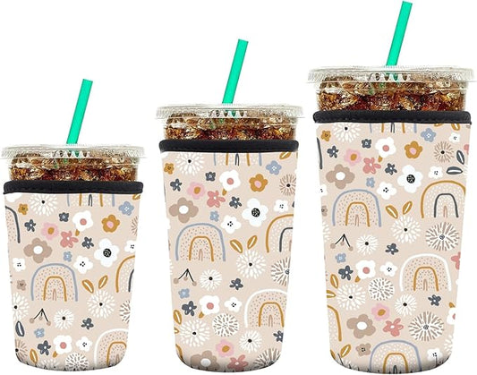 3 Pack Reusable Neoprene Insulator Sleeve for Iced Coffee Cups, Funny Coffee Cup Sleeves for 16-32oz Coffee cups, Cute Drink Sleeve for Cold Hot Beverages Boho Rainbow
