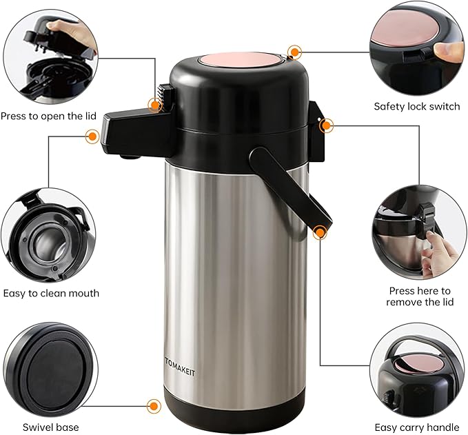 Airpot Coffee Carafe for Keeping Hot,102oz/3L Coffee Dispenser Thermal with Pump,Insulated Stainless Steel Hot Beverage Dispenser for Parties,Thermal Carafe for Hot Drinks Water Tea Chocolate