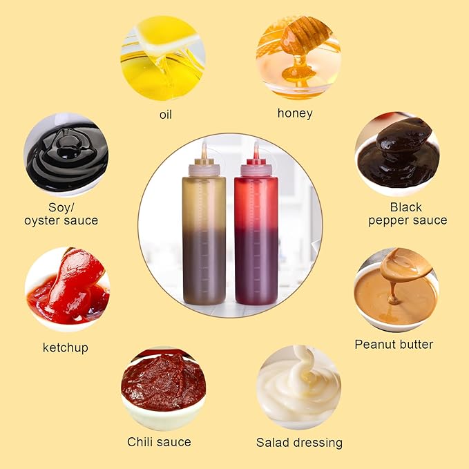 Katfort Squeeze Bottles for Sauces 2 Pack, 32 Ounce 1000ml Plastic Dressing Squirt Bottles with Cap Lids, Condiment Bottle for Liquids BBQ Dressing Pancake Art Dispenser