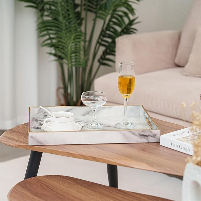Serving Tray, Marble Plastic Food Trays for Eating on Lap Decor Coffee Tray with Handles Rectangular Non-Slip Candle Plate, 15.7"x11.8"x1.6" Large Drinks Platter for Kitchen/Living Room/Bedroom